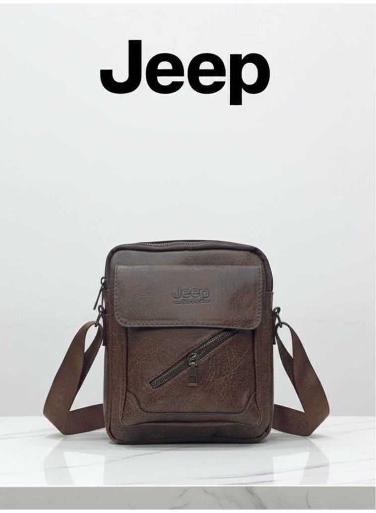 Jeep Men’s Dark Brown Leather Crossbody Bag with Diagonal Zipper Pocket - Image 1